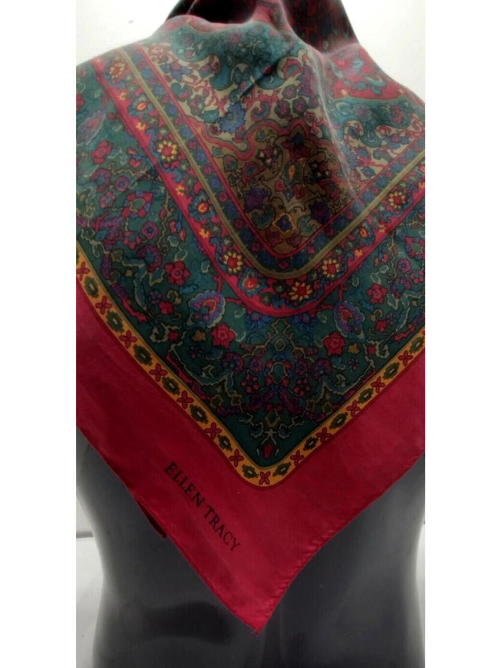 Ellen Tracy Rich Large Silk Scarf Boho Burgundy Indian Baroque Carpet Rug Design